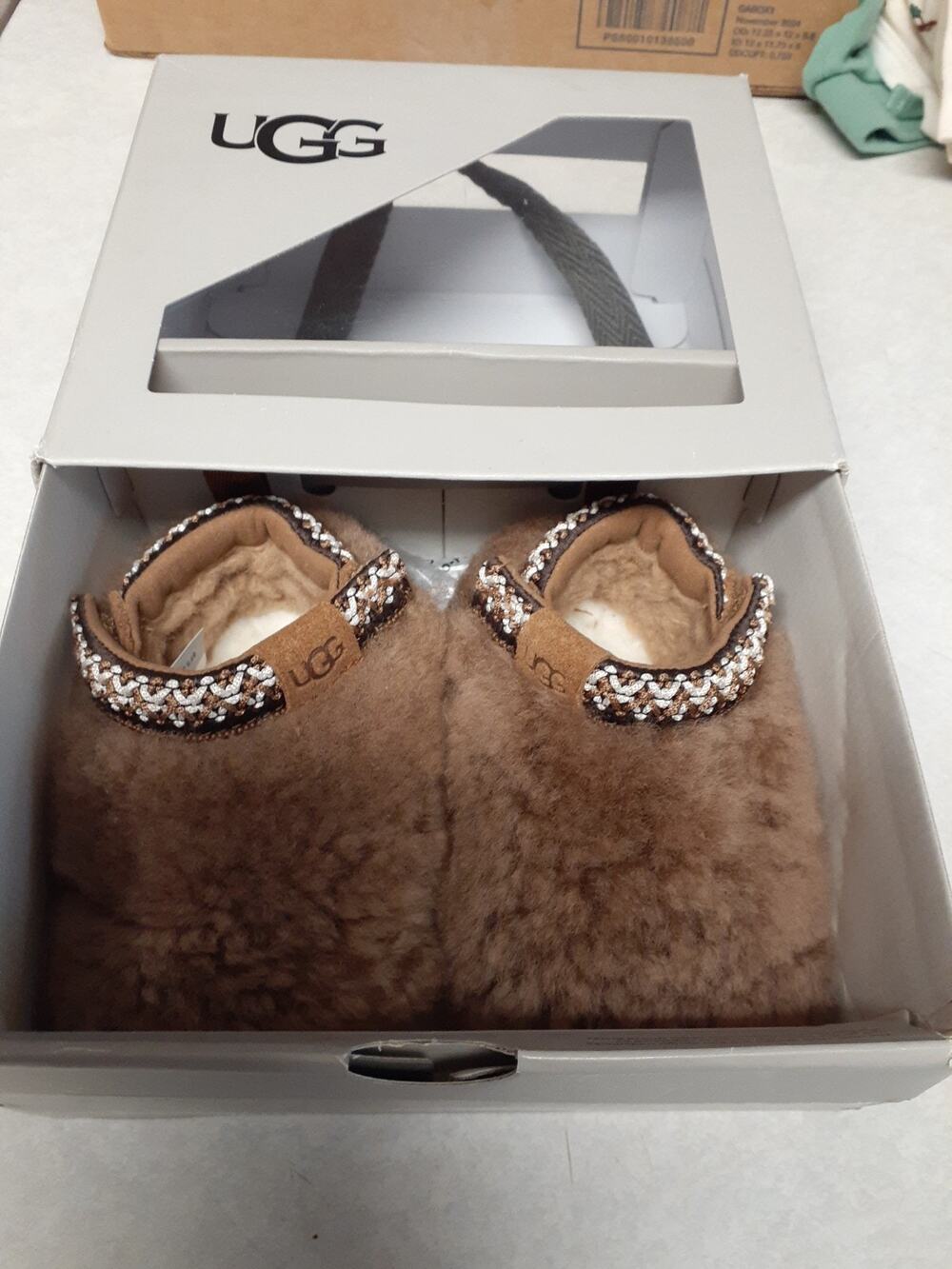 UGG Baby Tasman Maxi Curly Bootie Slippers Brown Sheepskin Lined 2/3 Small NWB